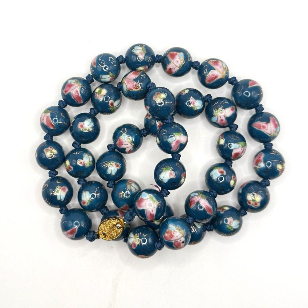 Vintage Chinese Blue Butterfly Cloisonne Enamel Hand Knotted Beaded Necklace 24”